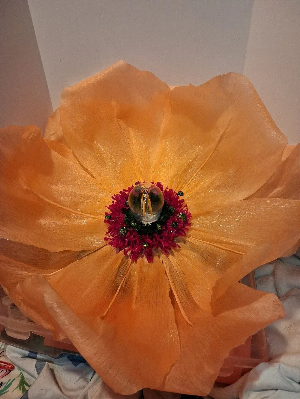 Handcrafted Large Peach Italian Crepe Paper Flower Hanging Lamp, LED